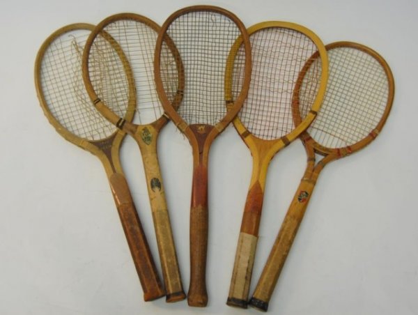 5 1920/30's Wooden Tennis Rackets: Spalding 1920 Special, Big Bill Tilden Championship, Alex Taylor & Co. N.Y.C., D & M Sporting Goods-Minnehaha, and a Kent racket. All with attractive, some very thick, handles.