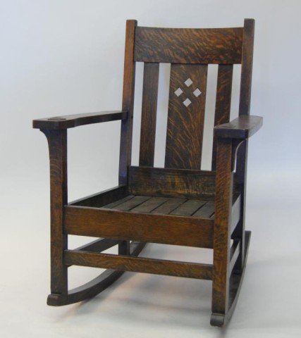 Oak Arts & Crafts Rocker and Ottoman: Attractive splat design, with leather topped wooden ottoman, chair missing seat.