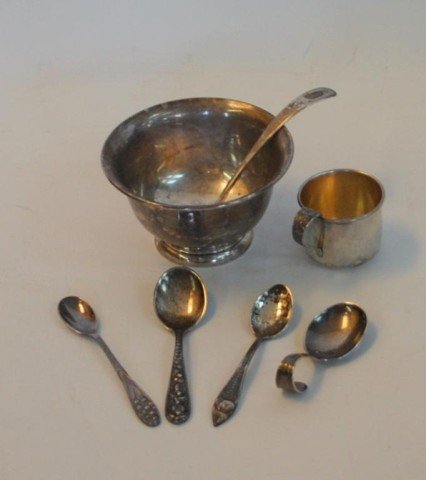 Sterling Silver inc. S. Kirk & Sons Bowl and Spoon: 4 Other Sterling Spoons, Sterling Bay Frank M. Whiting & Co. Small handled Cup. 248 grams or 7.97 troy ounces total weight