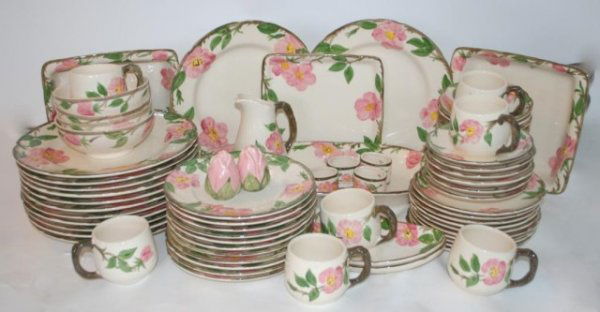 Franciscan China Set-Desert Rose: Accumulated Set with Various Marks, some pieces unmarked as they were made by the owner's Father who worked for Franciscan and created the pieces. Set includes 12 Dinner Plates, 4 Bowls, 2 Square Plat