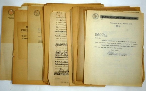 1920s Atlantic CoastLine RR Co, Wilmington letters: Group of Letters, most on the Railroad Letterhead, HQ in Wilmington NC, regarding employment matters within the company. One letter dated 1919 was regarding the arrest of two little negroes" for throw