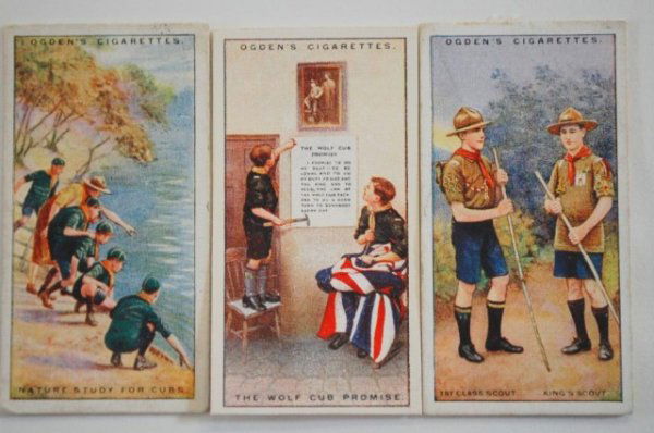 1911 Ogden's , Boy Scouts tobacco cards: Rare 1911 Ogden's Cigarettes "Boy Scouts" series, Full Set of 50, green back, Good condition. Colored scenes of scouting activities and various UK scout representatives, green back, ; The Boy Scout As