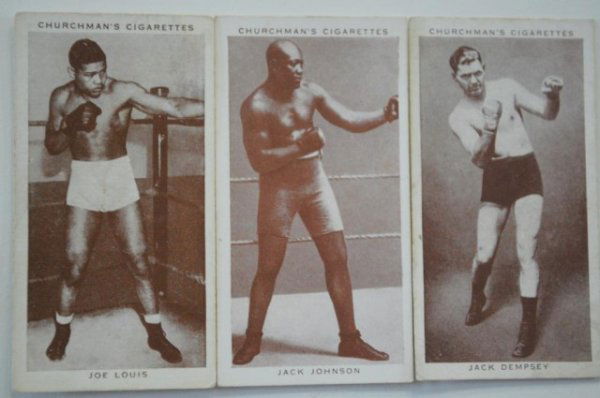 1938 Churchman Boxing Personalities Tobacco Cards: Complete set of 50 Churchman tobacco cards, 1938; Boxing Personalities" series features Desirable Joe Louis, Jack Dempsey, Jack Johnson, Max Baer, and Max Schmeling; all black and white posed photogra