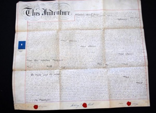1844 Land Indenture, England: December 24, 1844, land indenture between Edward Hayden, John Benjamin Clark, and Giles Ching; parchment, blue embossed seal "one pound ten shillings" and 3 red wax signature seals along bottom border