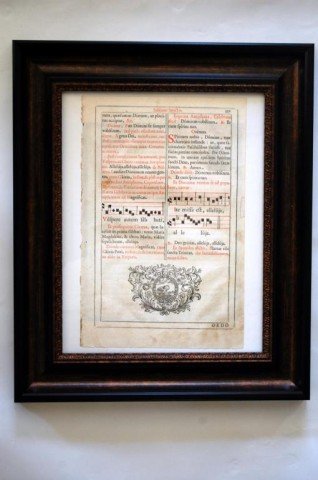 1700 Antiphonal Leaf-Latin: 1700 Antiphonal Leaf, Latin 1700 Antiphonal leaf, "Sabbato Sancto" printed in Latin, red and black print, contains musical score with the word "alleluja"; central design in lower portion of mother pel