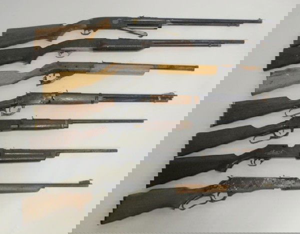 7 Air Rifles, Daisy, Crossman, more: Sears Roebuch & Co Pump action (needs repair), 2 Daisy model 1894 both working, Crossman 99 (needs repair), Daisy Powerline 856, Wooden stock Daisy pump handle broken, Daisy Heddon (needs parts.)