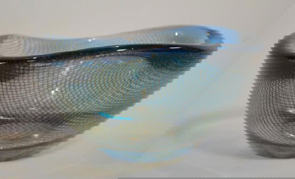 Sven Palmquist Orrefors Kraka Art Glass Bowl: Blue in Clear Glass, No 342, signed on bottom. 7 diameter. Small rim chip."