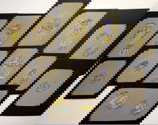 Original Seaman Schepps Jewelry Designs 1930's/40': Group includes 12 individual Jewelry Design Sketches, executed by Jordine Turboff (later going by Yari Levine) for Seaman Schepps, one of the countries' premier Jewelers to this day.