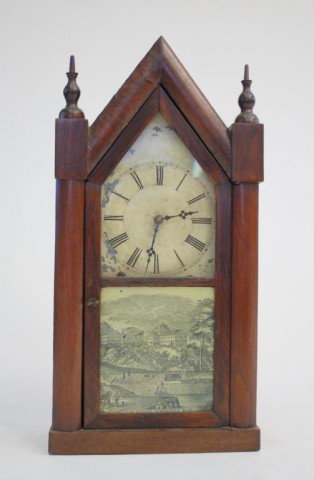 1867 Gilbert Steeple Clock: Label inside for the Wm. L. Gilbert & Co, Winchester Conn. Date of 1867 in pencil on inside of door. Image is of the McLean Asylum, Somerville Mass.