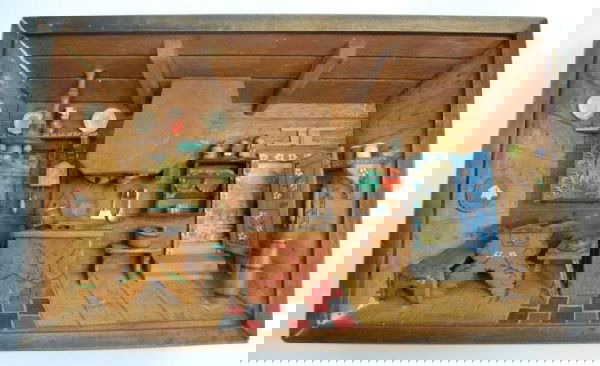 Kitchen Diorama Music Box-mid 20th Century: 14 x 9 x 2.5 Label on back