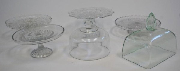 6 Cake Pedestals and Domes EAPG: Antique Rectangular Green Glass Cheese Dome with Lotus Handle 4 EAPG Cake Stands including: US Glass Shoshone/Victor/Blazing Pinwheels,/Floral Diamond c.1896 8 ½” D x 4”T McKee Glass Co Plytec pi