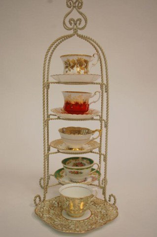 5 China Teacups and Saucers-Display Stand: includes Royal Stafford, Royal Tuscan and Albert