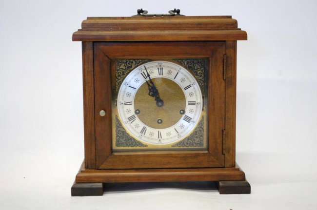 German Bracket Clock: Brass Dial w/ Silvered Chapter Ring. Mid-20th Century. 13" tall x 13" wide.