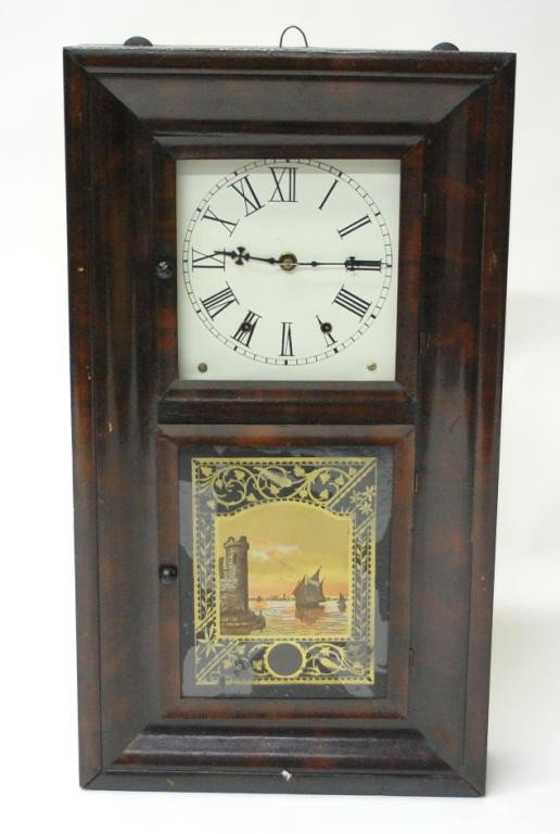 19th C. Ogee Shelf Clock: Reverse painted scene of a sailing ship and castle. Some paint loss. Metal dial in very good condition. 30" tall.