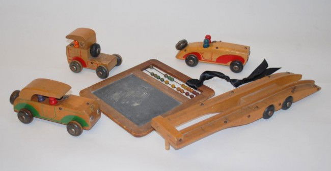 Vintage Wooden Childrens Toys-Cars, Slate: 3 wooden cars/trucks with passengers. Also wooden car transport and antique slate school board.