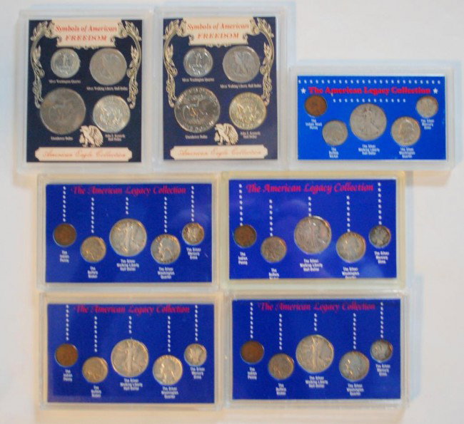 Silver Coins & others: 7 Walking Liberty Half Dollars, 7 Silver Washington Quarters, 5 Mercury dimes. Includes Indian head pennies, buffalo nickels, Kennedy halves, Eisenhower Dollars. 7 collector's cases.