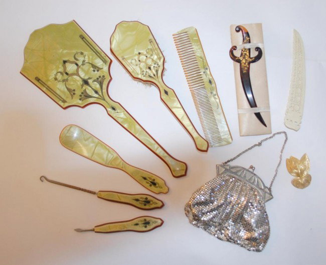 Art Nouveau Dresser Set, Whiting Davis Mesh Purse: Inlaid green celluloid dresser/vanity set, hair adornment, Whiting and Davis silver mesh purse.