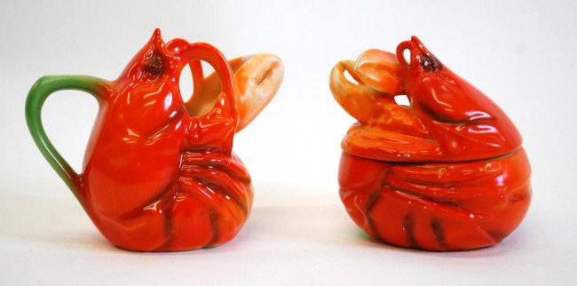 Royal Bayreuth Lobster Sugar and Creamer: Bavarian Porcelain w/ desirable blue mark. Some small flecks of paint loss.