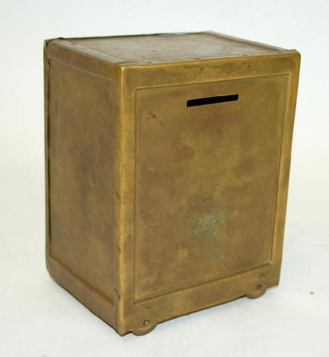 Brass Safe Bank, Smooth Tumbler With Combination: On Wheels. 5.25" tall.