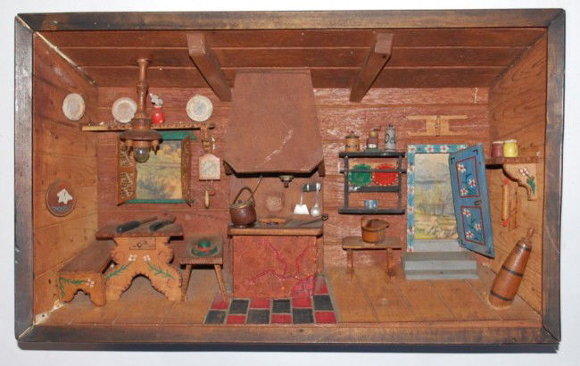 Kitchen Diorama Music Box-mid 20th Century: 14x9x2.5" Label on back, Thorens movement. Made in Switzerland.