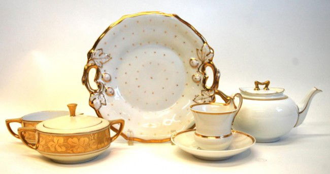 6 Pieces Gilt Rimmed China: includes KPM 2 handled cake plate, KPM Cup and Saucer, B&Co. France Sugar and Creamer, Turin Bavaria Teapot.