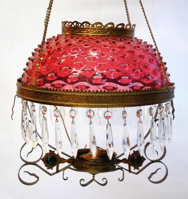 Pink Hobnail Glass Victorian Chandelier with Lustr: es
