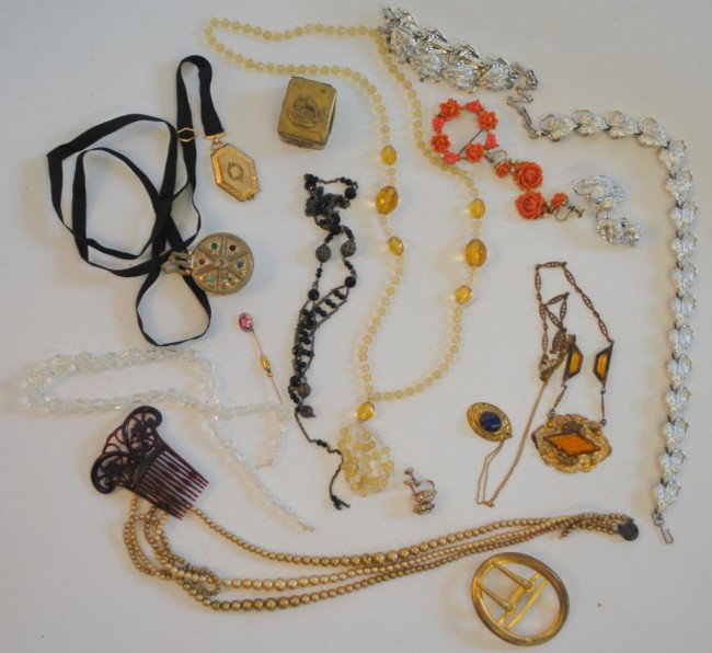 Costume Jewelry-Victorian Necklace with Jet Beads,: Brass Pillbox, Silver color Leaf necklace, bracelet and earrings by Caro, EN & Co Belt Buckle, locket, more.