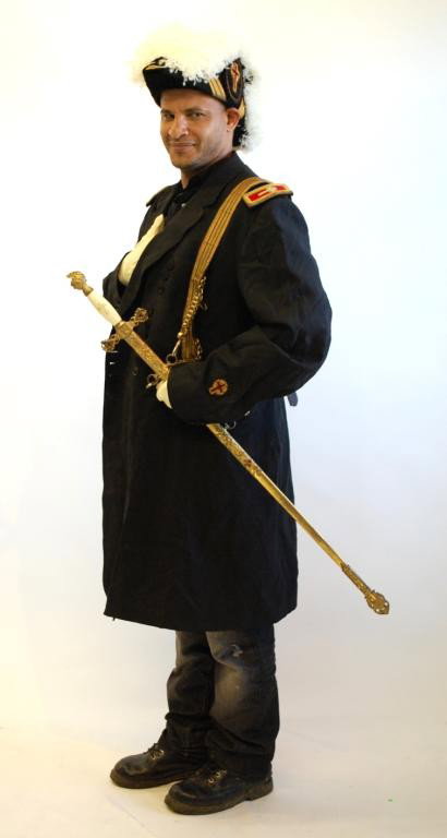 Masonic Parade Dress Uniform: Hat, Coat, Gloves Includes long coat with patches, feathered chapeau made by CE Ward Co. with carrying case, and white gloves.