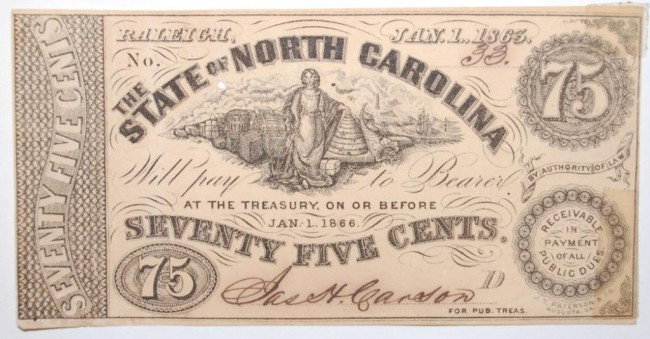 1863 Raleigh NC 75c Fractional Currency Note: Criswell type 134, Industry & Beehive