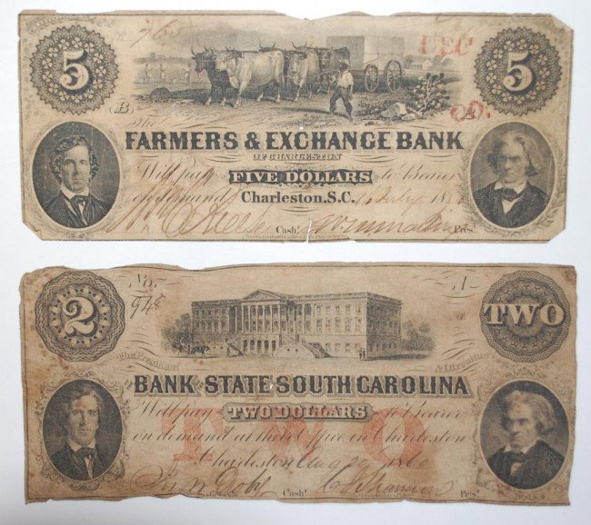 Two Charleston SC Notes from 1851 and 1860: SC Charleston Farmers & Exchange Bank Series B 1851 $5 Note and a Bank State SC Charleston 1860 $2 Note.