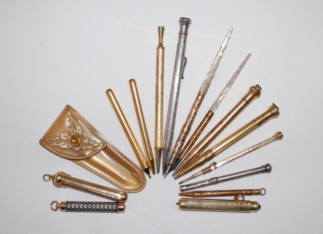 Chatelaine, Retracting and Mechanical Pencils: 3 Antique Chatelaine Pencils, 2 Victorian Mother of Pearl and Gold Filled Fountain Pens, a Wahl Sterling Silver Mechanical Pencil, Jeweled 1930's mini pen and pencil set in case, more.