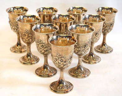 10 S. Kirk & Son Sterling Repousse' Goblets: 10 Hand Chased Repousse' Sterling Silver Goblets marked 72F. Approx. 51.64 ozt