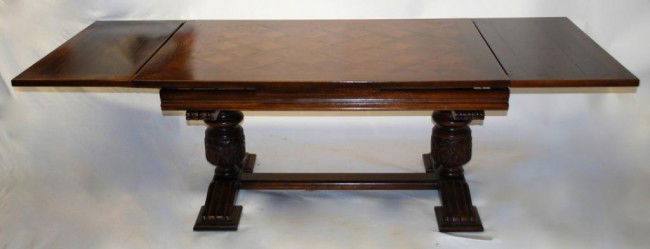 Antique French Parquetry Expanding Dining Table: with 2 Draw Leaf Extensions, Carved Trestle Base