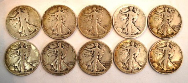 10 U.S. Walking Liberty Half Dollars: 1920 & nine 1940's.