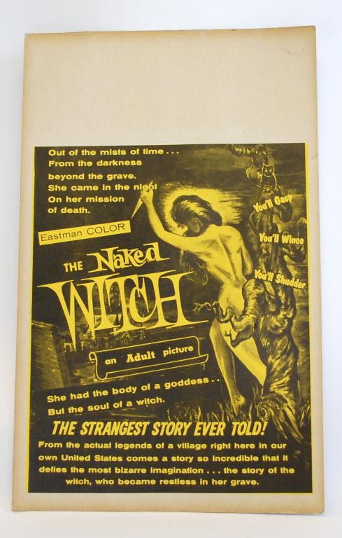 The Naked Witch Movie Window Card: The Naked Witch (William Mishkin Motion Pictures Inc., 1967). Window Card (14" X 22"). Horror. Starring Beth Porter, Robert Burgos, Bryarly Lee, and Lee Forbes. Directed by Andy Milligan.