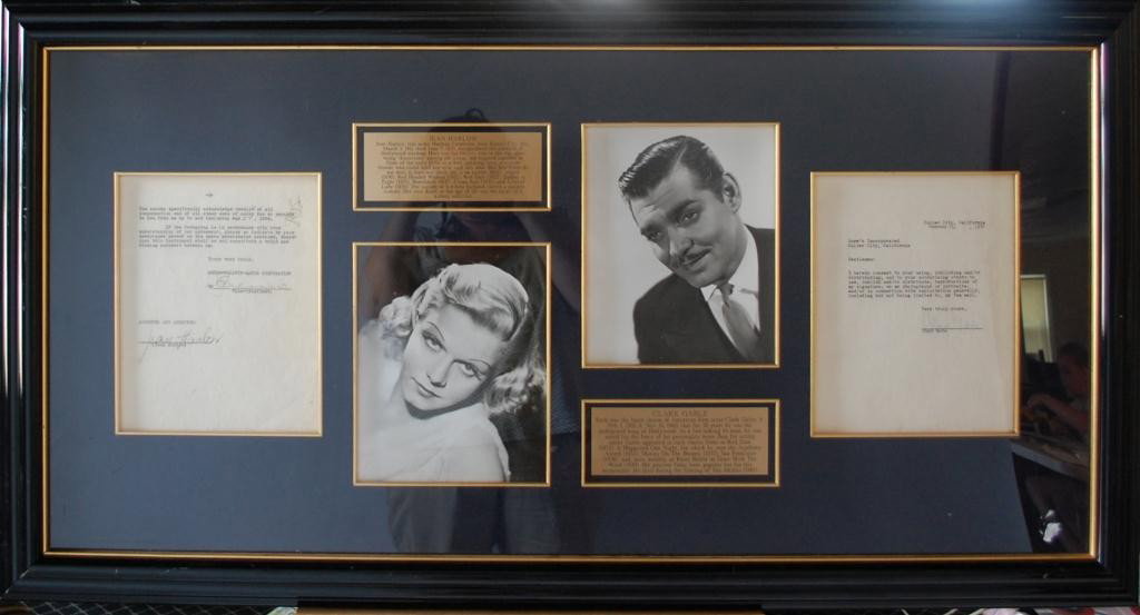 Signed Contracts - Jean Harlowe M.G.M & Clark Gable: Matted and Framed under Glass. Harlowe MGM Contract is Page 5 of 5 it reads: "You hereby specifically acknowledge receipt of all compensation and of all other sums of money due or payable to you from 