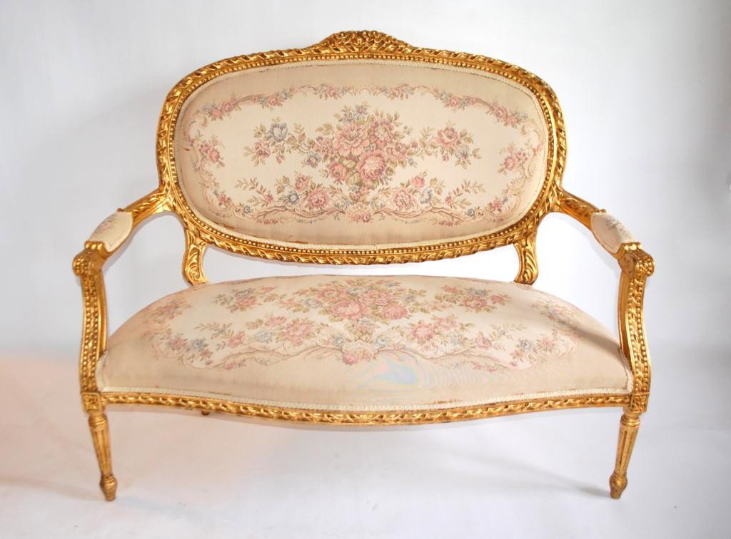 Carved Louis XVI Style Gilt Settee: with Aubusson Fabric
