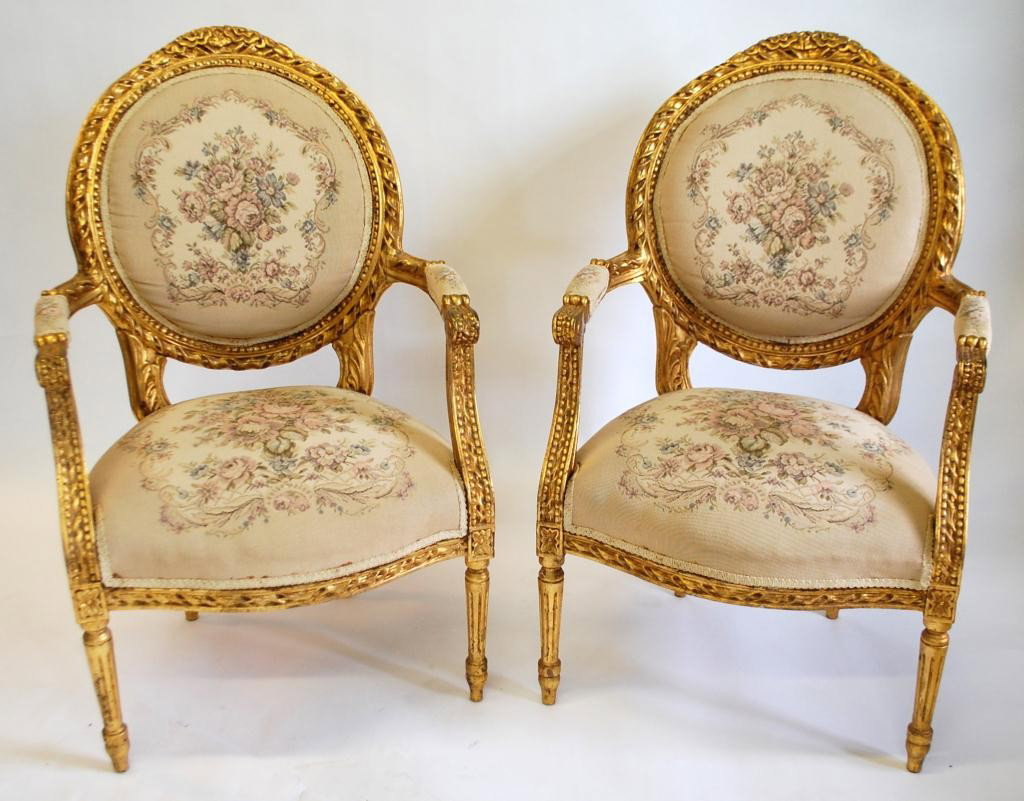 Pair Louis XVI Style Gilt Parlor Chairs: with Aubusson Fabric