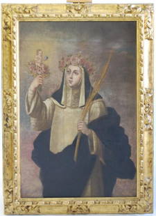 17th Century Spanish Colonial Painting: Possibly depicting Saint Rose of Lima. OOC Painting Depicts a Nun crowned with roses, holding a palm frond in one hand, and a rose boquet with the baby Jesus in the other hand. This painting has had