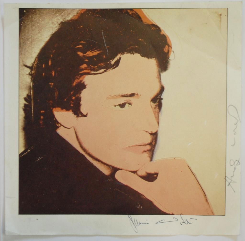 43b Warhol and Wyeth signed picture: Image of Jamie Wyeth done by Andy Warhol, and used as the cover of their Bradywine Museum co-exhibition brochure in 1976. Each artist signed the others' name during this event, and on this image, whi