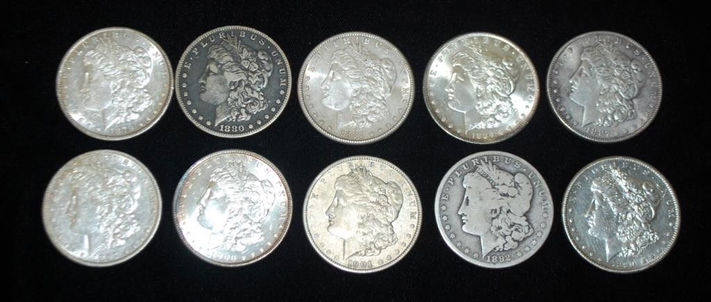 10 Morgan Silver Dollars: 1879o, 1880o, 1881s, 1884o, 1887, 1890s, 1893o, 1897o, 1900, 1901