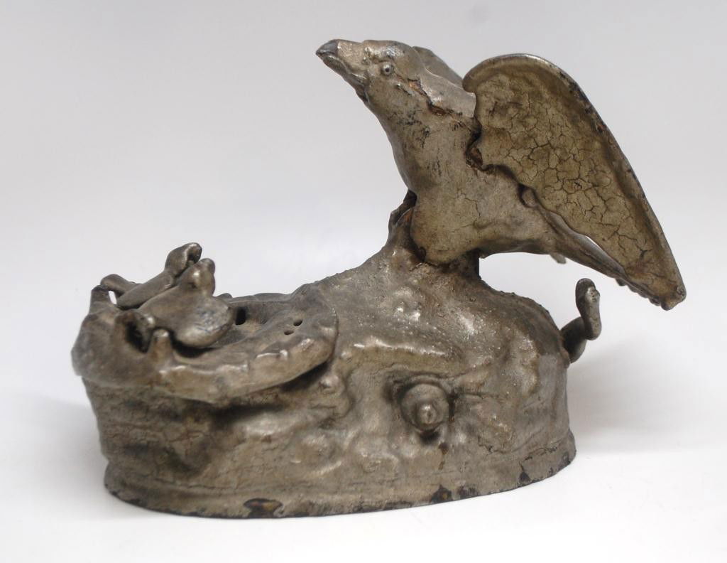 Cast Iron Eagle & Eaglets Mechanical Bank: Manufactured by J&E Stevens & Co, Patent date of 1888 underside of base. Bellows missing, overpainted in one color, beaks painted closed.