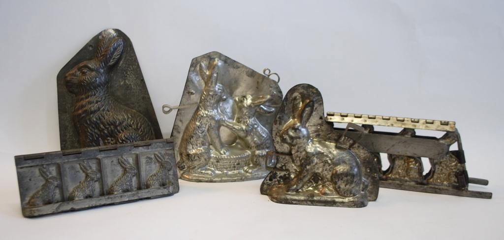 5 Antique Molds - Rabbit Shape: Both American and German Molds.
