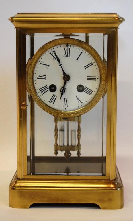 Tiffany & Co Crystal Regulator Clock: French brass crystal regulator clock marked Tiffany & Co. Mercury pendulum. Made in France. 6" x 5" x 10"