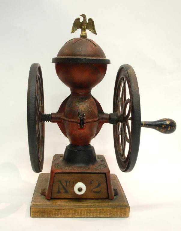 Philadelphia Iron Coffee Grinder #2: Marked Enterprise Mfg. Co. Philadelphia Pat'd Dec 9 1873. Eagle Finial, 14" tall.