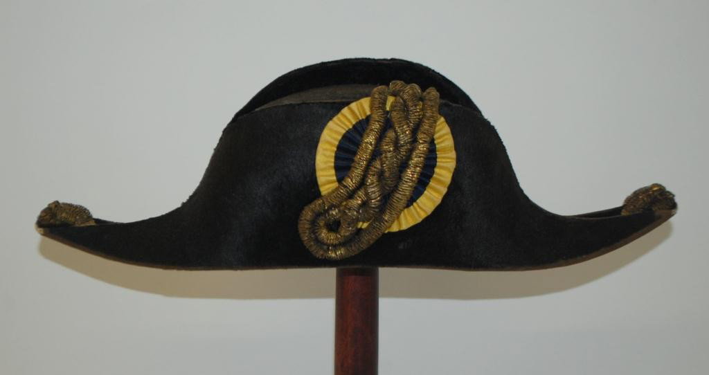Likely Civil War Naval Officer' Bicorn: 19th Century Naval Bicorn Hat-Civil War Era Black beaver skin with blue and gold silk cockade, and bullion coils. Red silk lining stamped in gold by maker A. Ericsson & Co. Circa 1860s. The Blue and G