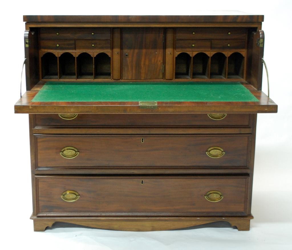 19th Century Mahogany Butler's Cabinet: Uppper faux drawer with hinged front opening to a pigeoned hole with felt writing pad. One interior marked in pencil "Made in 1812 Boston MS" and also "Cincinatti Ohio 1860 Sarah Jane Kirstin"?