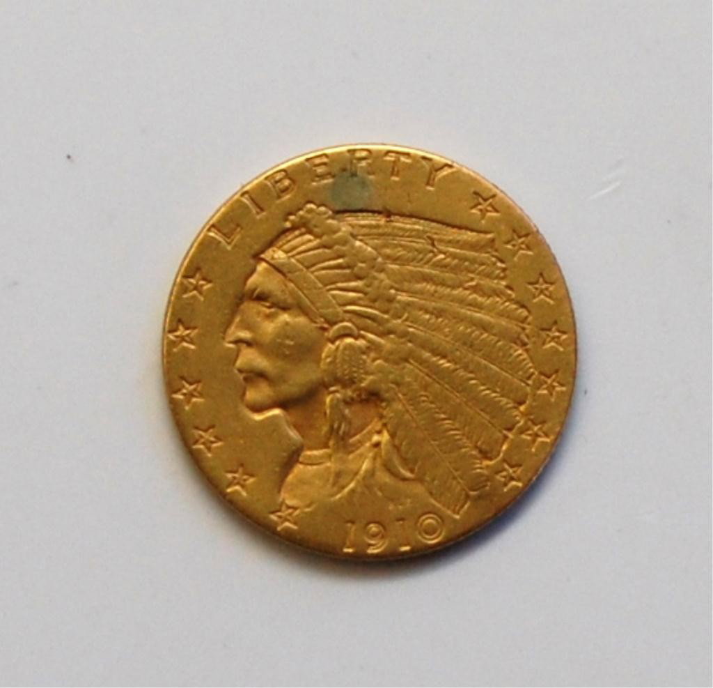 1910 2.5 Dollar Gold Coin- Indian Head/Quarter Eagl: e. .900 Gold, .12094 oz net weight