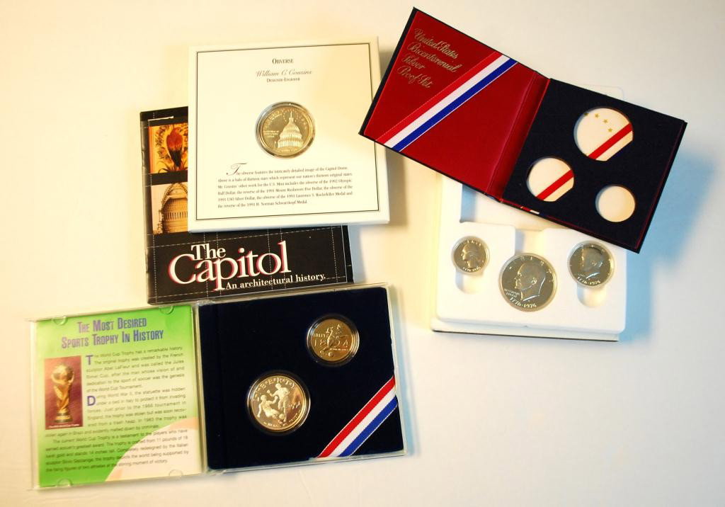3 US Coin Proof Sets: 1976 Bicentennial Silver Proof Set of 3 coins at 40% silver, 1994 World Cup Silver Dollar S Mint and Clad Half P mint, 1994 US Capitol Proof Silver Clad