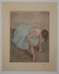 Edgar Degas pencil signed Aquatint Etching: Edgar Degas (French 1834-1917) Degas signed aquatint etching, pencil signed lower right, circa 1914 10 3/4" x 13 3/4" Owner of painting is niece of Virginia Marshall Zabriskie, well known owner of Zab